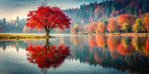 Wall Mural - Tree with red leaves reflecting on lake water, serene nature landscape, tree, red leaves, lake, fiery, foliage, tranquil