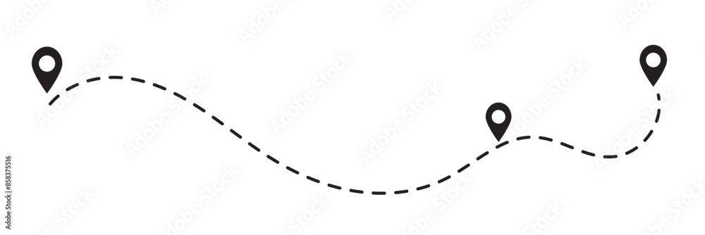 Route location icon, three map pin sign and road or path, start and end ...