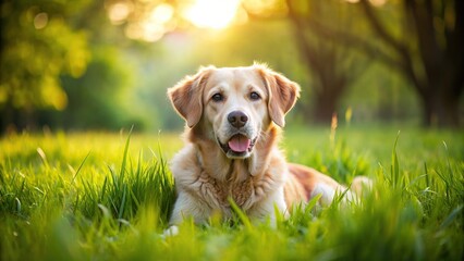 Wall Mural - Dog laying in lush green grass , Pet, canine, outdoors, relaxation, peaceful, mammal, animal, greenery, nature, park