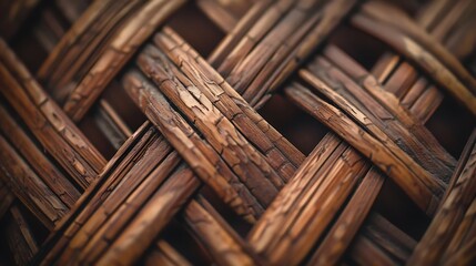 Wall Mural - A close-up image of intricately woven wicker material, showcasing its natural texture and intricate patterns for a rustic background