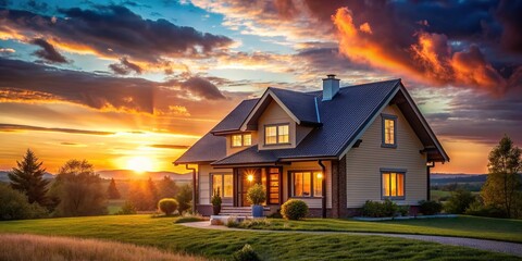 Wall Mural - House glowing in the warm light of a sunset , sunset, house, home, golden hour, evening, outdoor, architecture, residential