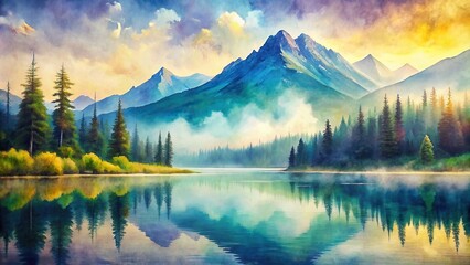 Wall Mural - Abstract watercolor mountain landscape with serene lake reflection, ideal for print, posters, and wall art, Watercolor