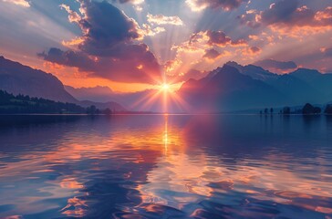 Wall Mural - beautiful sunset over the lake with mountains in background. the sky is full of clouds and you can s