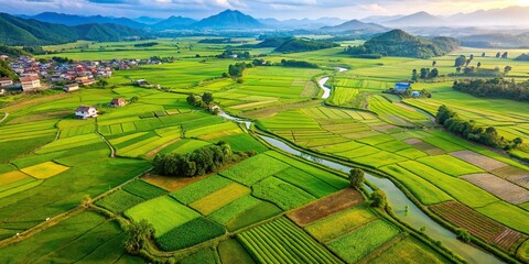Wall Mural - Aerial view of lush green fields with traditional agriculture practices, agriculture, aerial, view, green, fields