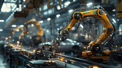 futuristic robotic welding arms in automotive factory industry 40 automation blurred digital art
