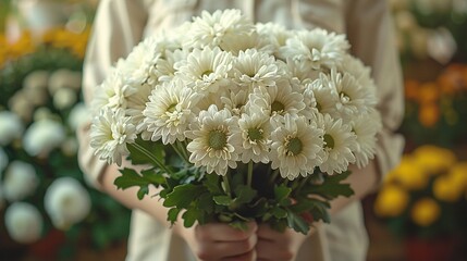 Wall Mural -   A close-up of a person holding a bouquet of flowers against a backdrop of yellow and white flowers