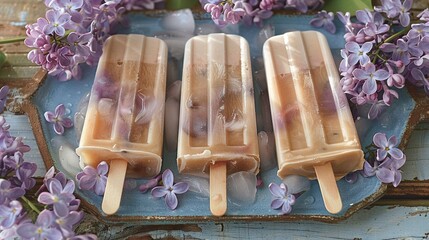 Sticker -   Three popsicles sit on a blue plate with ice cream, topped by purple flowers on a wooden table