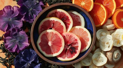Wall Mural -  A platter of grapefruit, orange, mushroom, and clove slices arranged on a table