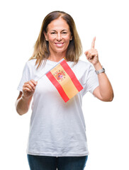 Wall Mural - Middle age hispanic woman holding flag of Spain over isolated background surprised with an idea or question pointing finger with happy face, number one