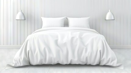 Sticker -   A white bed has two lamps on either side and a white comforter on the opposite