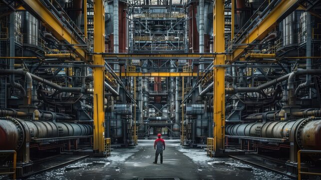 industrial behemoth man dwarfed by massive manufacturing plant dramatic architecture photography