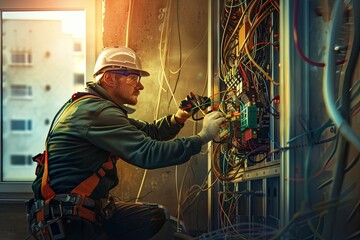 Poster - An electrician wearing safety gear works on wiring in an open wall, connecting cables and using tools. Generative AI