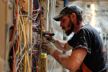 Aufkleber - An electrician wearing safety gloves works on a wall, connecting electrical wiring and cables. Generative AI