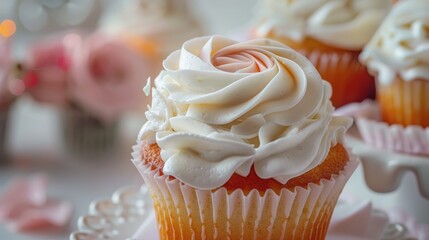 Wall Mural - Cupcake adorned with whipped cream rose with cupcakes in the background