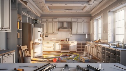 Poster - A modern kitchen undergoing renovation with new cabinets being installed, countertops in progress, and tools scattered around. Generative AI