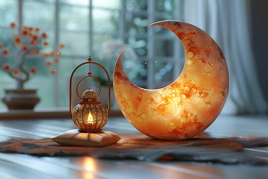 Golden Arabic Calligraphy Of Ramadan With 3D Crescent Moon, Hanging Lit Lanterns And Pearls On Lights Effect Background.