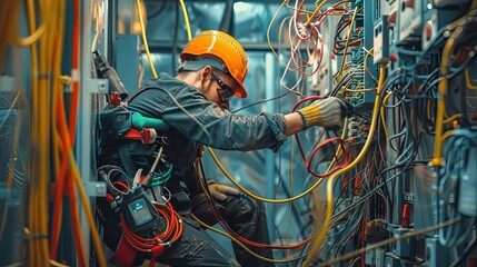 Poster - An electrician works on electrical wiring in an open wall, with visible cables, connectors, and tools. Generative AI