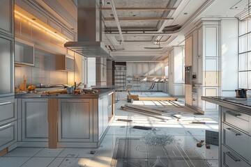 Poster - Renovated kitchen with new cabinets and countertops in progress, showcasing quality and style in transition from old to new. Generative AI
