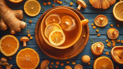 Wall Mural -   A wooden bowl filled with sliced oranges sits beside mushrooms on a blue wooden tablecloth
