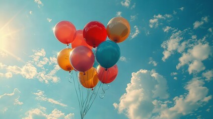 Canvas Print -   A group of balloons flying against a backdrop of blue sky and fluffy clouds, with the sun peeking through the cloud gaps