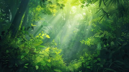 Wall Mural - lush green forest with sunlight filtering through dense foliage creating an enchanting illustrative background