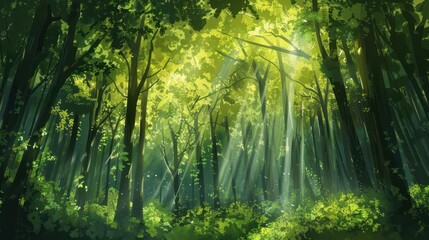 lush green forest with sunlight filtering through trees carbon negative sustainability concept digital painting