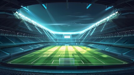 Wall Mural - A soccer field with a bright green grass and a few lights in the background. Football stadium arena for professional match with spotlight