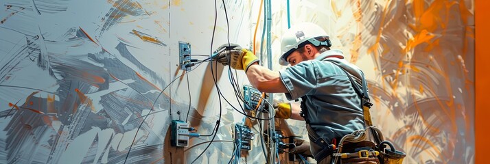Poster - An electrician works on wiring inside an open wall, showcasing the intricate details of electrical work and the tools used. Generative AI