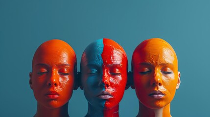 Wall Mural - Three women with painted faces, one with red and blue paint, one with orange