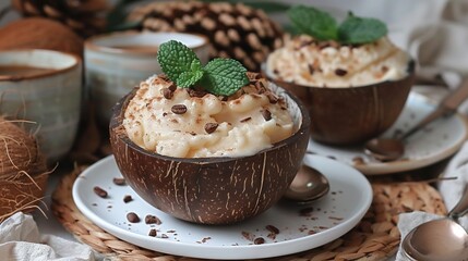 Sticker -   A close-up of a bowl of food on a plate, accompanied by a spoon and a cup of coffee in the background