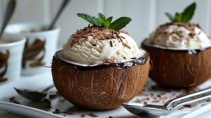   Two coconuts filled with ice cream and sprinkled with chocolate shavings on a white plate alongside a fork and spoon