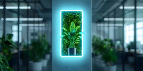 Wall Mural - Neon sign Hybrid Work Model in modern indoor office with nature design. Concept Hybrid Work Model, Modern Office, Indoor Nature Design, Neon Sign, Photography