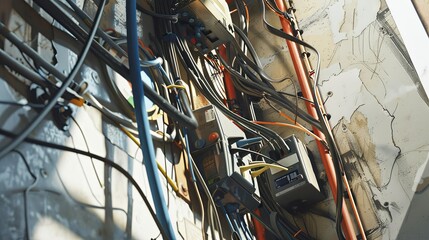 Poster - A close-up view of an electrician working on electrical wiring in an open wall, showcasing a complex network of cables and connectors. Generative AI