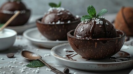 Poster -   A bowl of chocolate ice cream with mint sprinkles on a plate, and another beside it