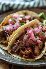 Wall Mural - Closeup of Delicious Mexican Tacos with Pulled Pork and Pickled Onions