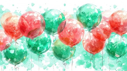 Wall Mural -   Red, green, and orange balloons float in the sky, blending into a watercolor backdrop