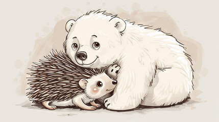 Wall Mural -   A picture of a polar bear carrying a hedgehog and a baby bear on its back