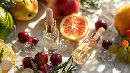 Aufkleber - A still life photo featuring two glass bottles of essential oil, alongside a variety of fresh fruit, including a grapefruit, green apple, and red cherries.