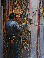 Poster - An electrician works on electrical wiring within an open wall, focusing on safety and technical aspects. Generative AI