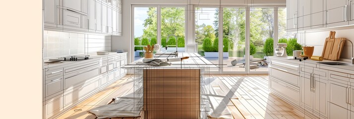 Poster - A modern kitchen undergoing renovation with new cabinets and countertops being installed, showcasing the transition from old to new with quality and style. Generative AI