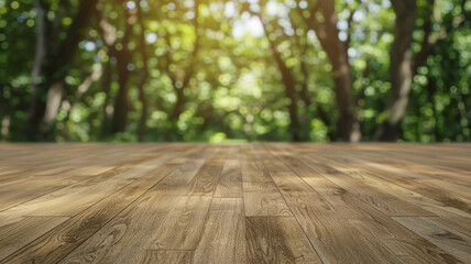 Sticker - Blank empty wooden laminate floor for products with blurred forest background.