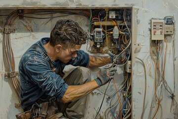 Poster - An electrician is working on electrical wiring inside an open wall. Generative AI
