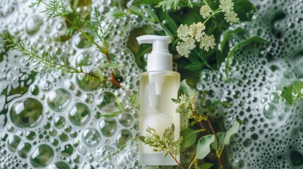 Aufkleber - A glass bottle of natural soap sits on a bed of green leaves and white foam bubbles, with a close-up view of the bottle and the surrounding foliage.