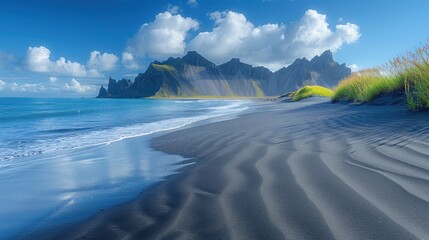 Wall Mural - Black Sand Beach with Mountainous Background