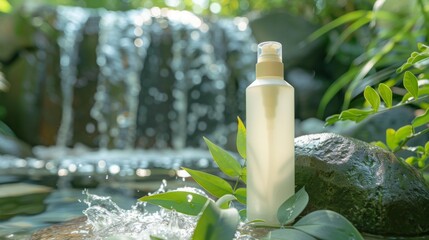 Wall Mural - A clear bottle of skincare product sits on a rock by a waterfall, surrounded by lush green foliage.