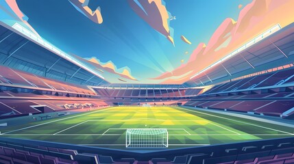 Wall Mural - A soccer field with a bright green grass. Football stadium arena for professional match with spotlight