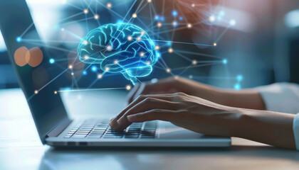 Wall Mural - A person is typing on a laptop with a brain image on the screen by AI generated image