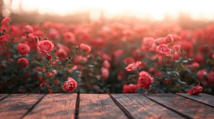 a close up of a rustic empty wooden table with blurred pink roses field background