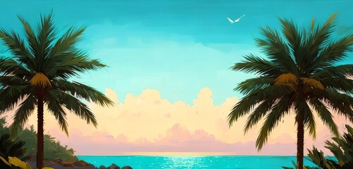 Wall Mural - a painting of a tropical scene with palm trees