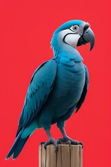 A blue hyacinth Macaw on red background